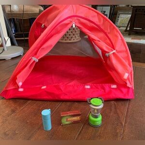 American Girl Doll camping tent with lantern, granola bar, and thermos